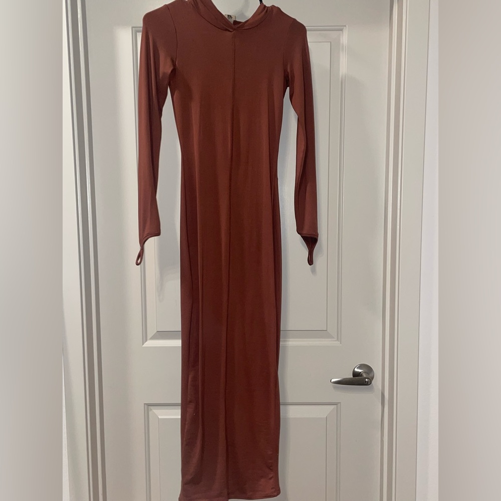 Matte Brand brown dress with hood and finger lining. Size xs. Fits xs-s. New